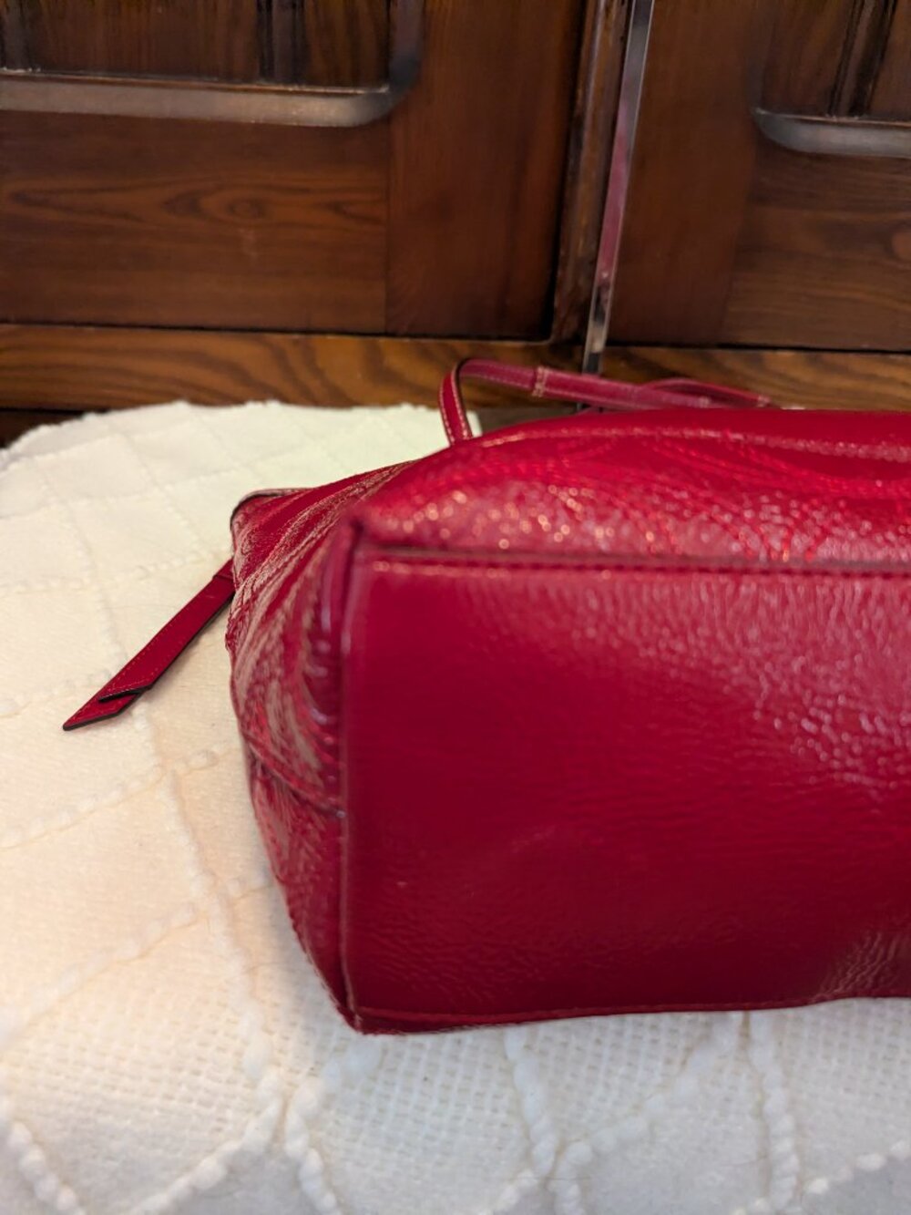 Coach Signature Striped Stitch Red Patent Leather Tote F19198 - Picture 8 of 12